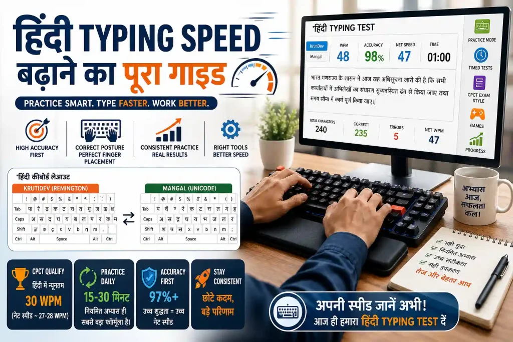 Hindi typing speed improvement guide banner showing a person typing on a keyboard with a Hindi typing test on screen displaying WPM, accuracy, and net speed, along with visuals for KrutiDev and Mangal layouts, practice tips, and CPCT exam preparation.