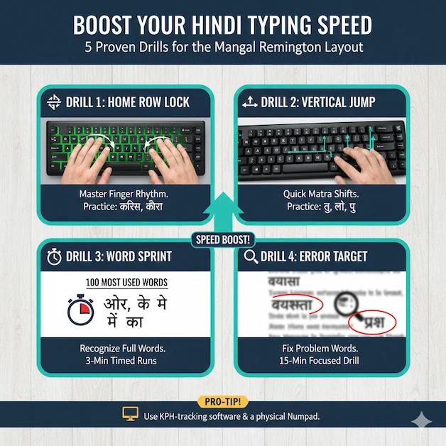 Infographic showing 4 key drills to boost Hindi typing speed on Remington layout: Home Row Lock, Vertical Jump, Word Sprint, and Error Target.