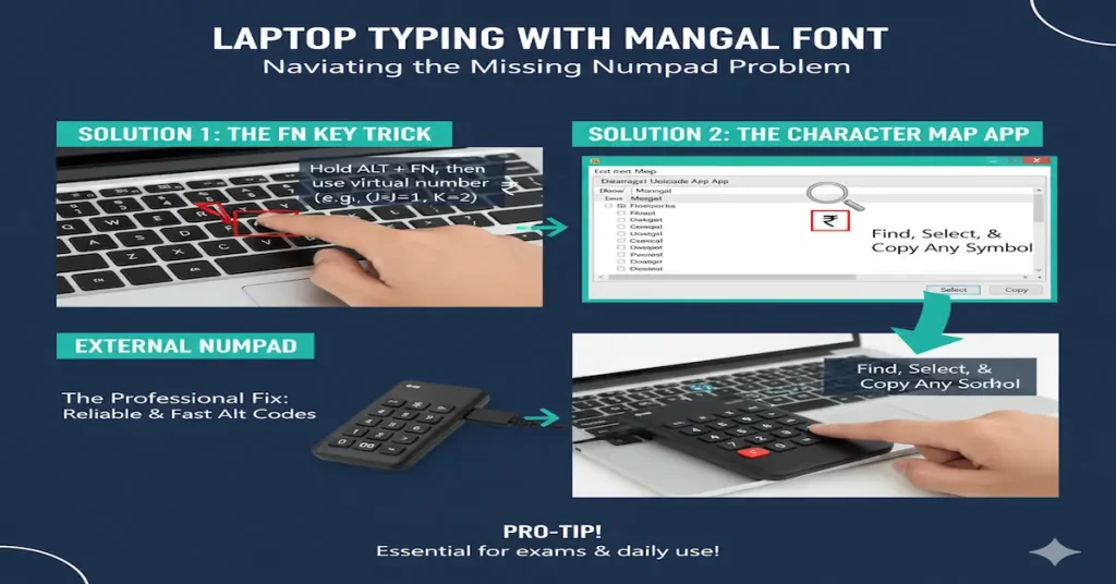 Infographic displaying three methods for typing Mangal font on a laptop without a numeric keypad: using the Fn key combination, utilizing the Windows Character Map app for symbols like the Rupee sign, and connecting an external USB numpad for fast Alt codes.