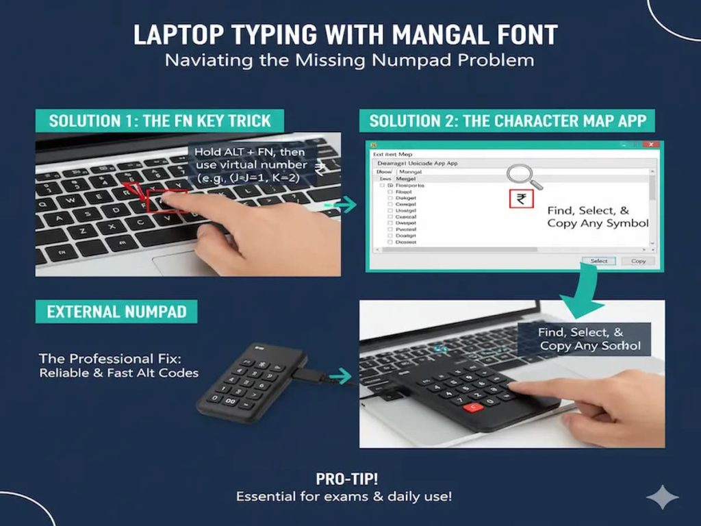 Infographic displaying three methods for typing Mangal font on a laptop without a numeric keypad: using the Fn key combination, utilizing the Windows Character Map app for symbols like the Rupee sign, and connecting an external USB numpad for fast Alt codes.