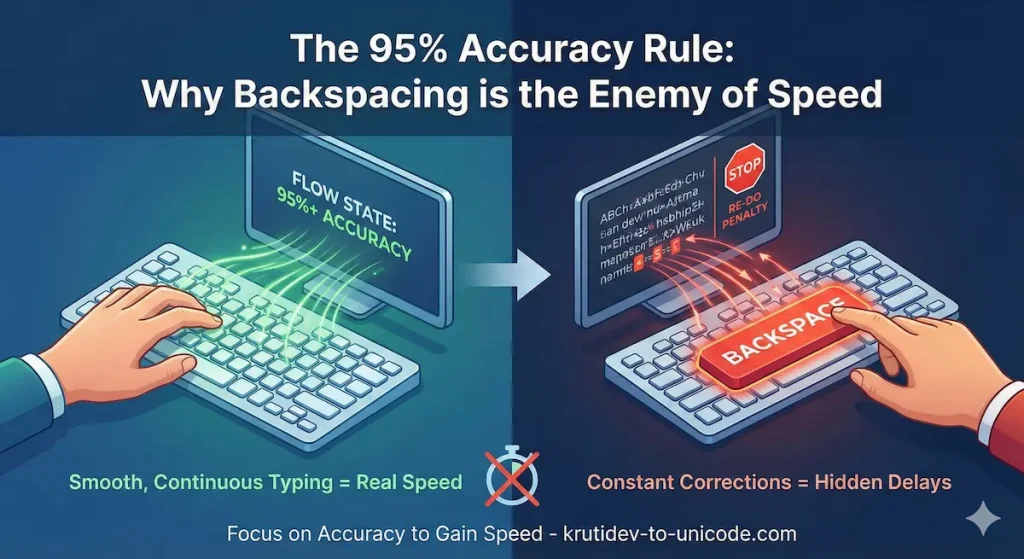 Infographic illustrating why maintaining 95%+ typing accuracy beats relying on the backspace key for speed.