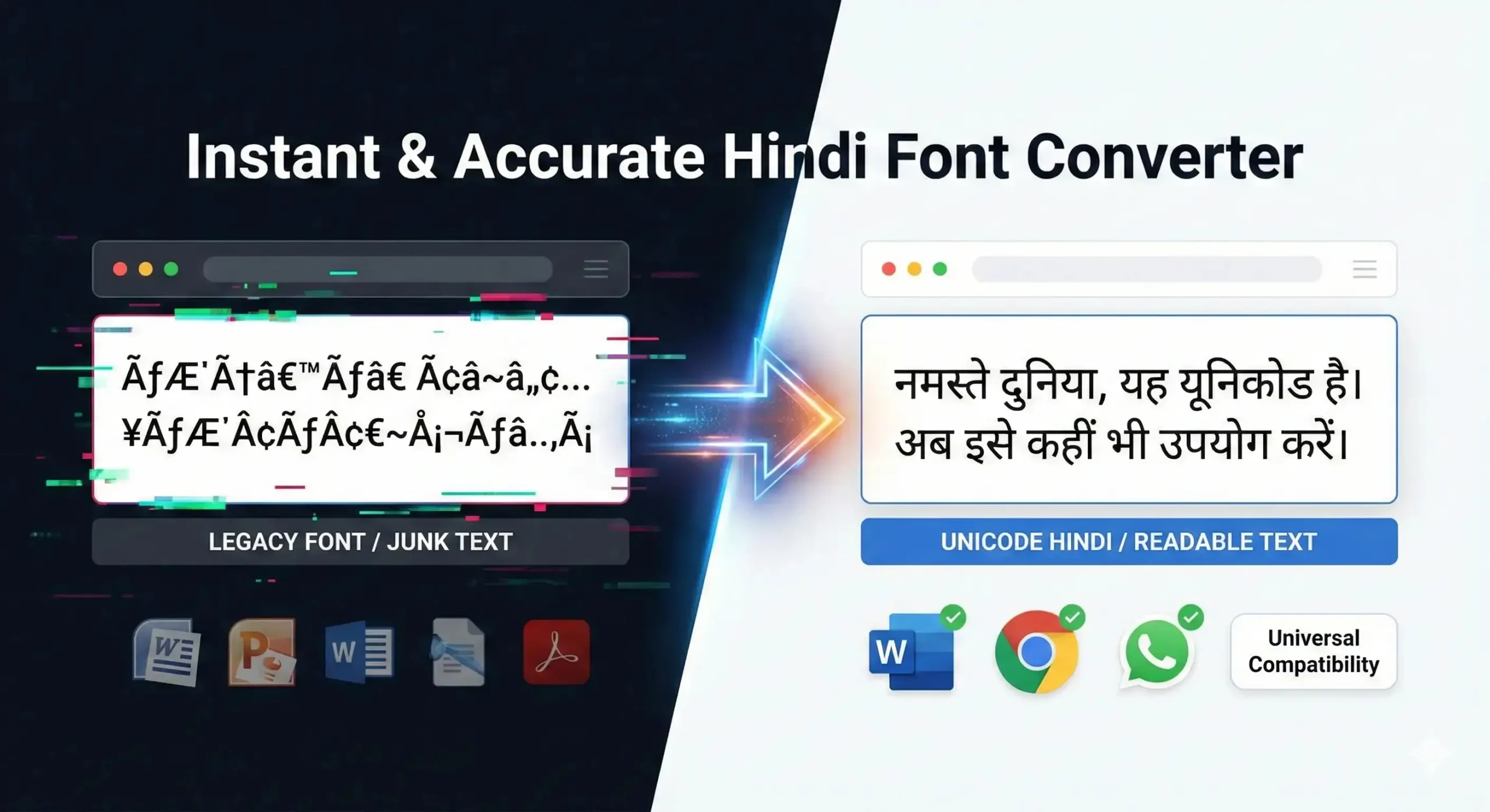 Graphic showing conversion of legacy Hindi font junk text into readable Unicode Hindi text with universal compatibility icons.