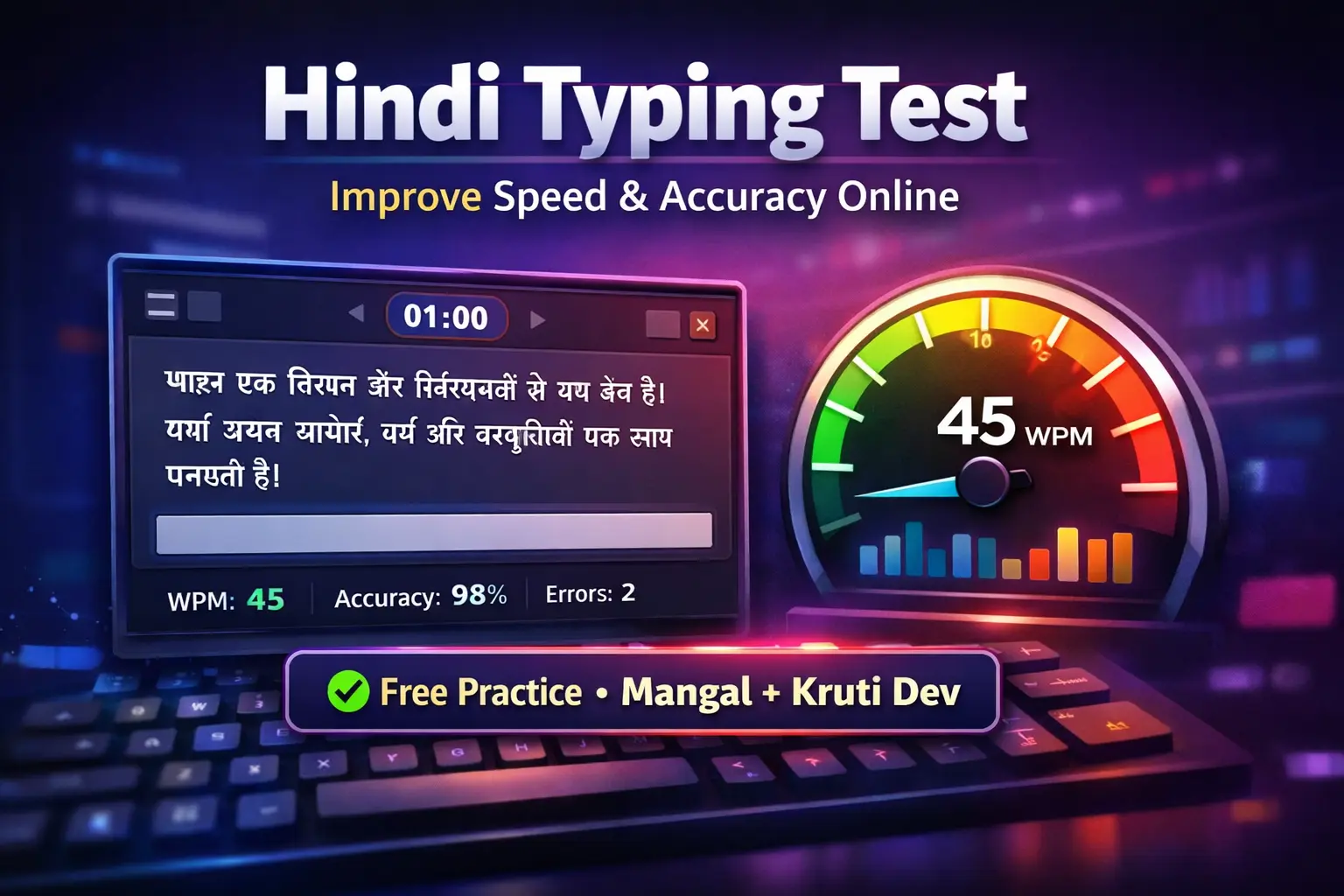 A modern Hindi typing test interface designed to help users improve typing speed and accuracy. The tool supports both Mangal (Unicode) and Kruti Dev fonts, showing real-time metrics like WPM, accuracy, and errors. It is ideal for government exam preparation, CPCT typing tests, and daily typing practice.
