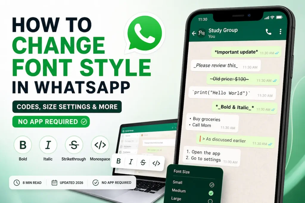 Featured image showing WhatsApp font style formatting examples including bold, italic, strikethrough, monospace, font size settings, and desktop shortcuts on a smartphone and laptop screen.