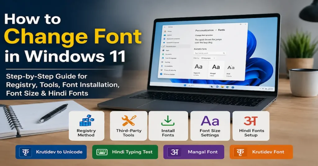 Windows 11 font customization guide showing a laptop with font settings screen, registry editor icons, font installation tools, font size settings, and Hindi fonts like Mangal and Krutidev.